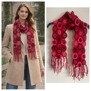 Red Pink Floral Knit Scarf Long Crochet Wrap Vintage Boho Feminine Winter